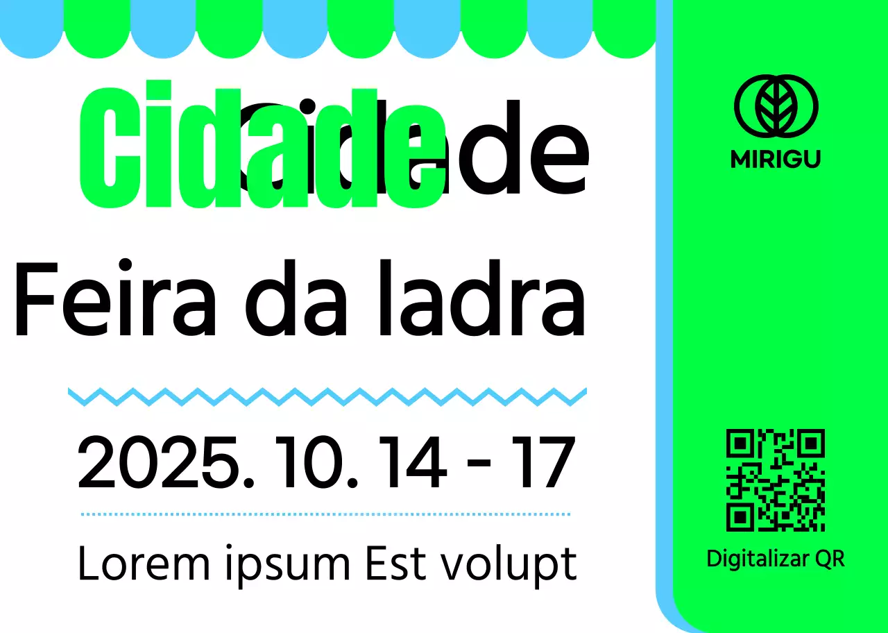 Um cartaz promocional com um anúncio de feira da ladra em verde-celeste-preto e várias ilustrações de formas.
