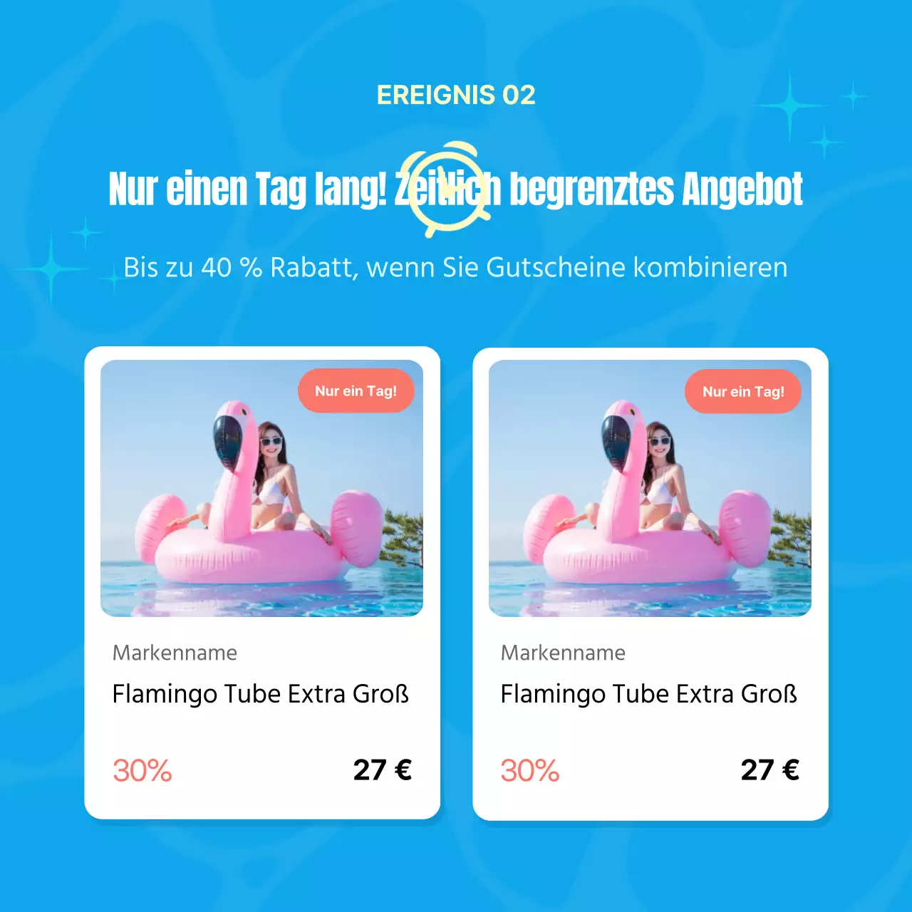 Werbung für einen tropischen Sommerschlussverkauf in Blau und Gelb