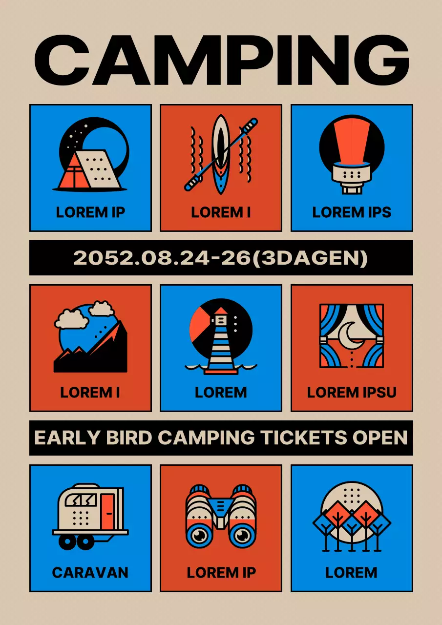 Rood en blauw vintage camping reserveringsbericht