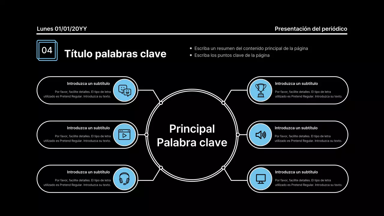 Presentación llamativa con líneas atrevidas en un concepto de periódico sobre fondo negro