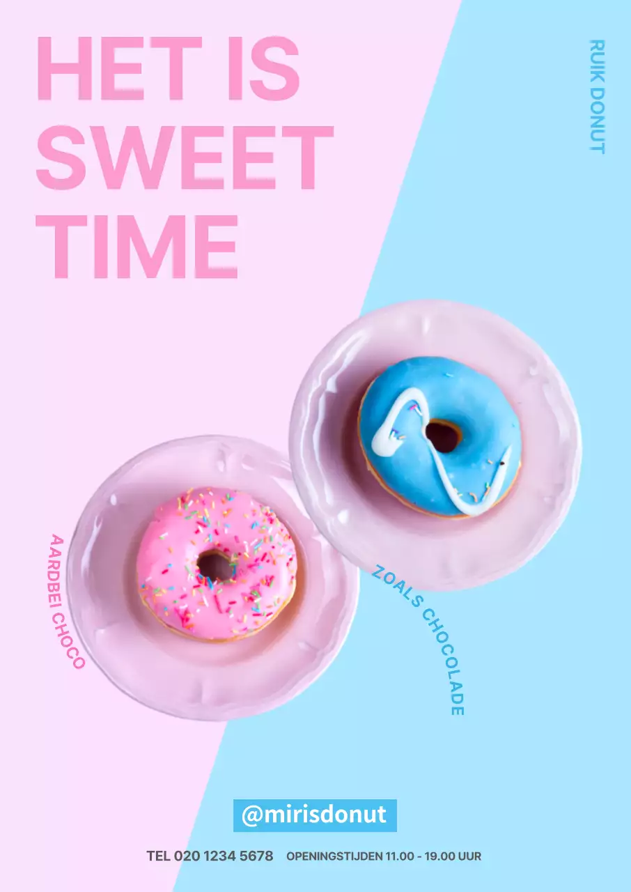 Donut poster in tweeën gedeeld met een roze en mint achtergrond