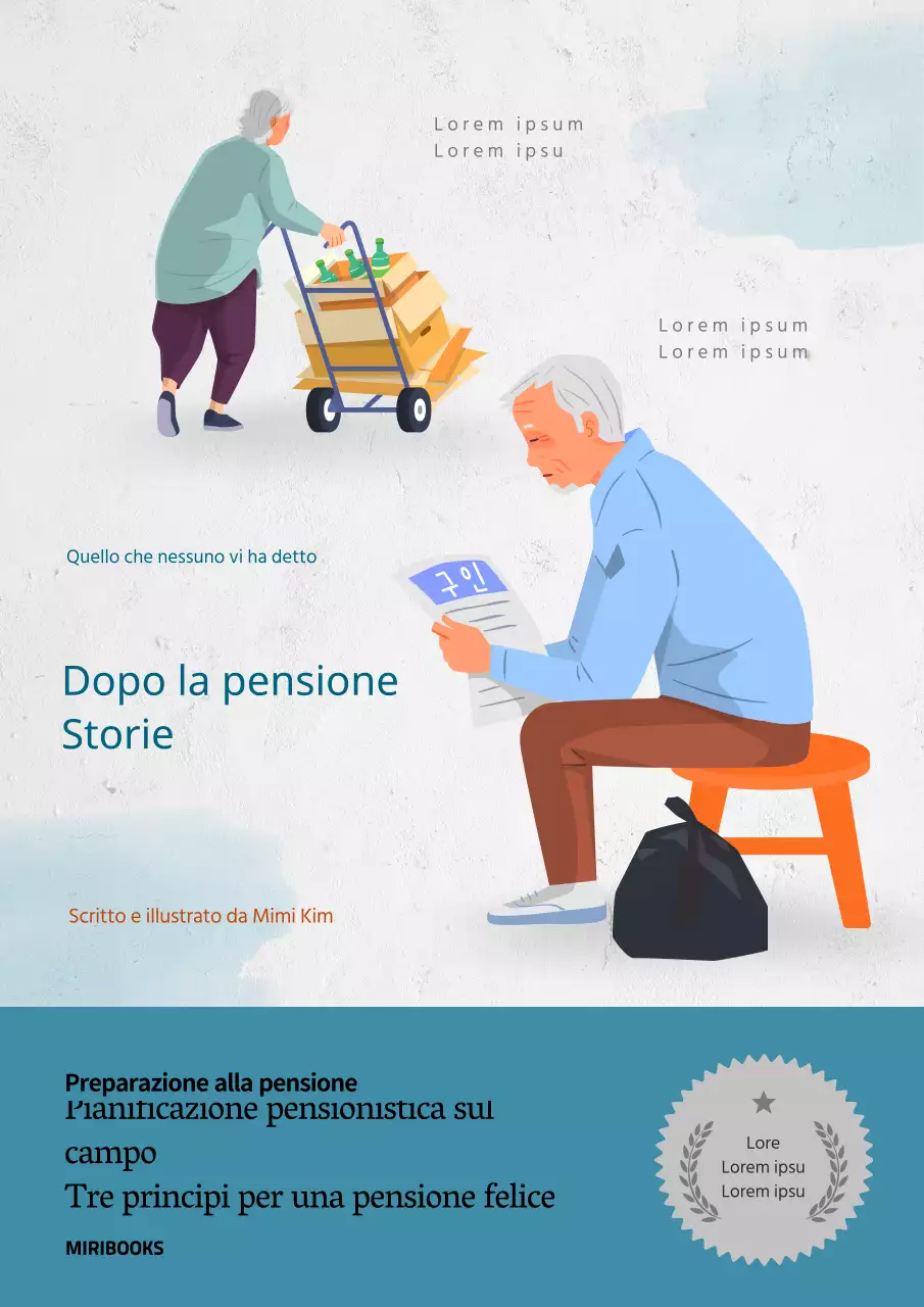Copertina per pensionati con illustrazione di una persona anziana su sfondo azzurro