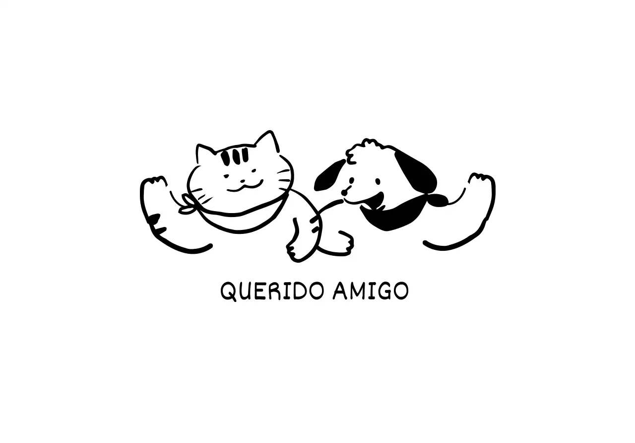 Desenho com uma ilustração de linhas de um gato e de um cão muito giros a dizer olá a preto