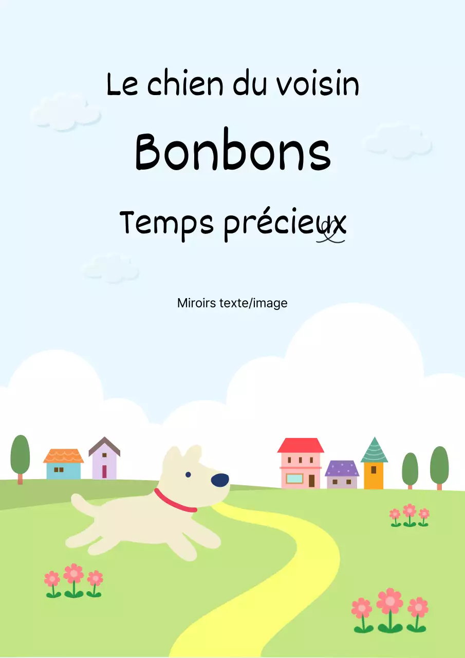 Une jolie histoire de chiot illustrée sur fond bleu clair et chartreuse.