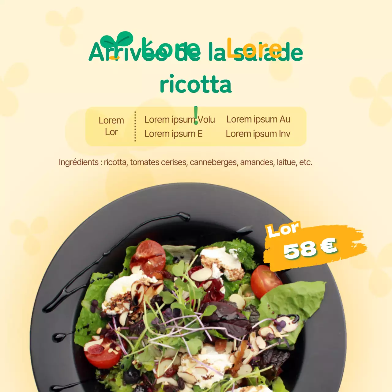 Nouvelle salade printanière à la ricotta de couleur jaune-vert pâle