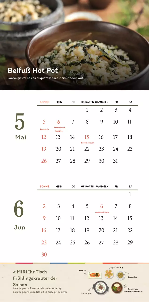 Traditioneller koreanischer Restaurantkonzept-Gutscheinkalender in Beige und Braun