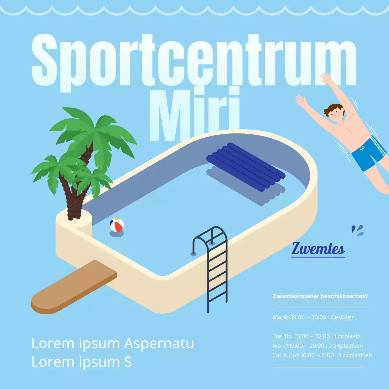 Promoot de start van zwemlessen met een schattige illustratie van een blauw zwembadijsje