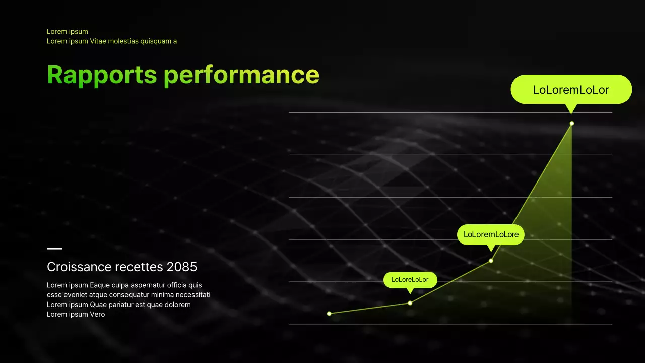 Présentation infographique d'entreprise avec un thème dégradé noir et chartreuse