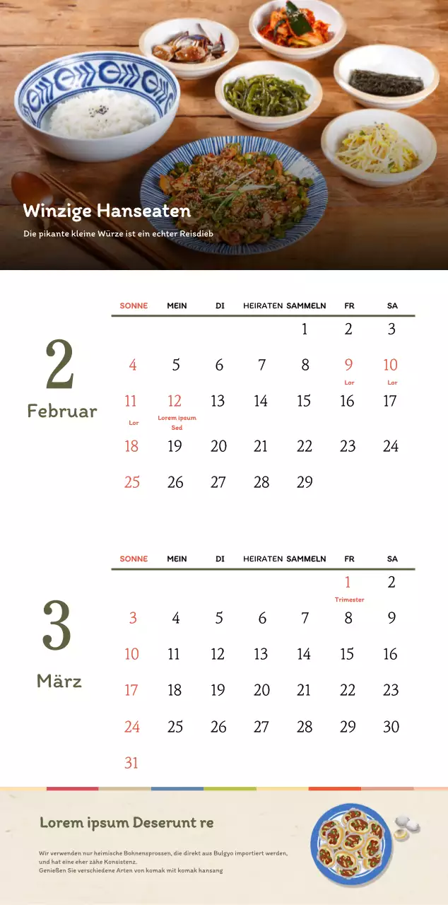 Traditioneller koreanischer Restaurantkonzept-Gutscheinkalender in Beige und Braun