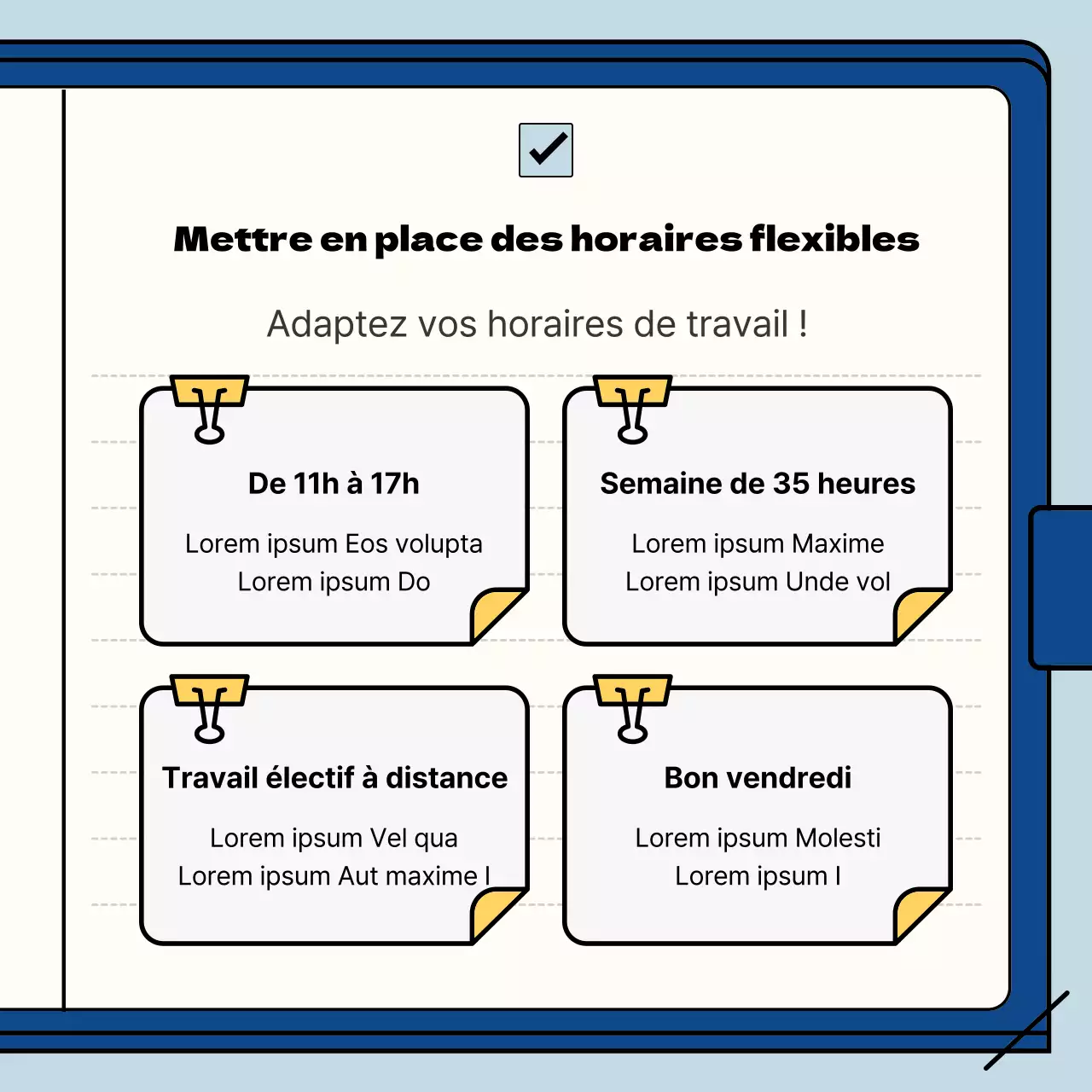 Guide des avantages sociaux de l'entreprise dans un carnet bleu clair et bleu marine