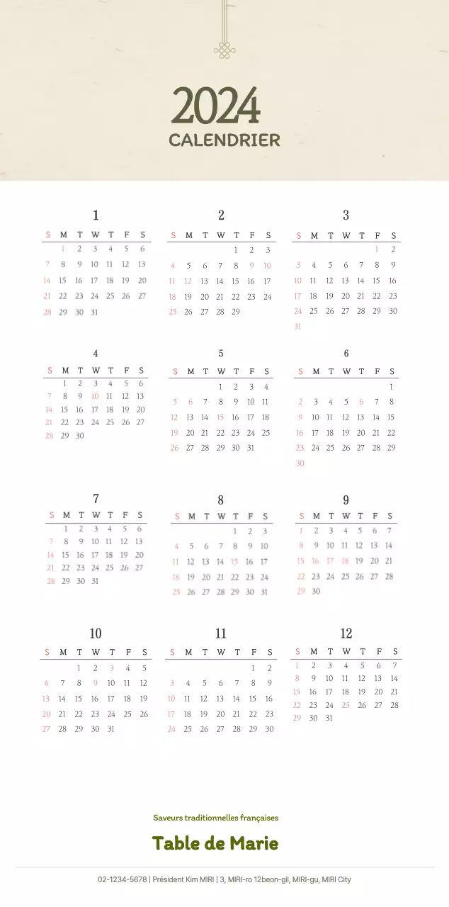 Calendrier des coupons de restaurants coréens traditionnels en beige et marron