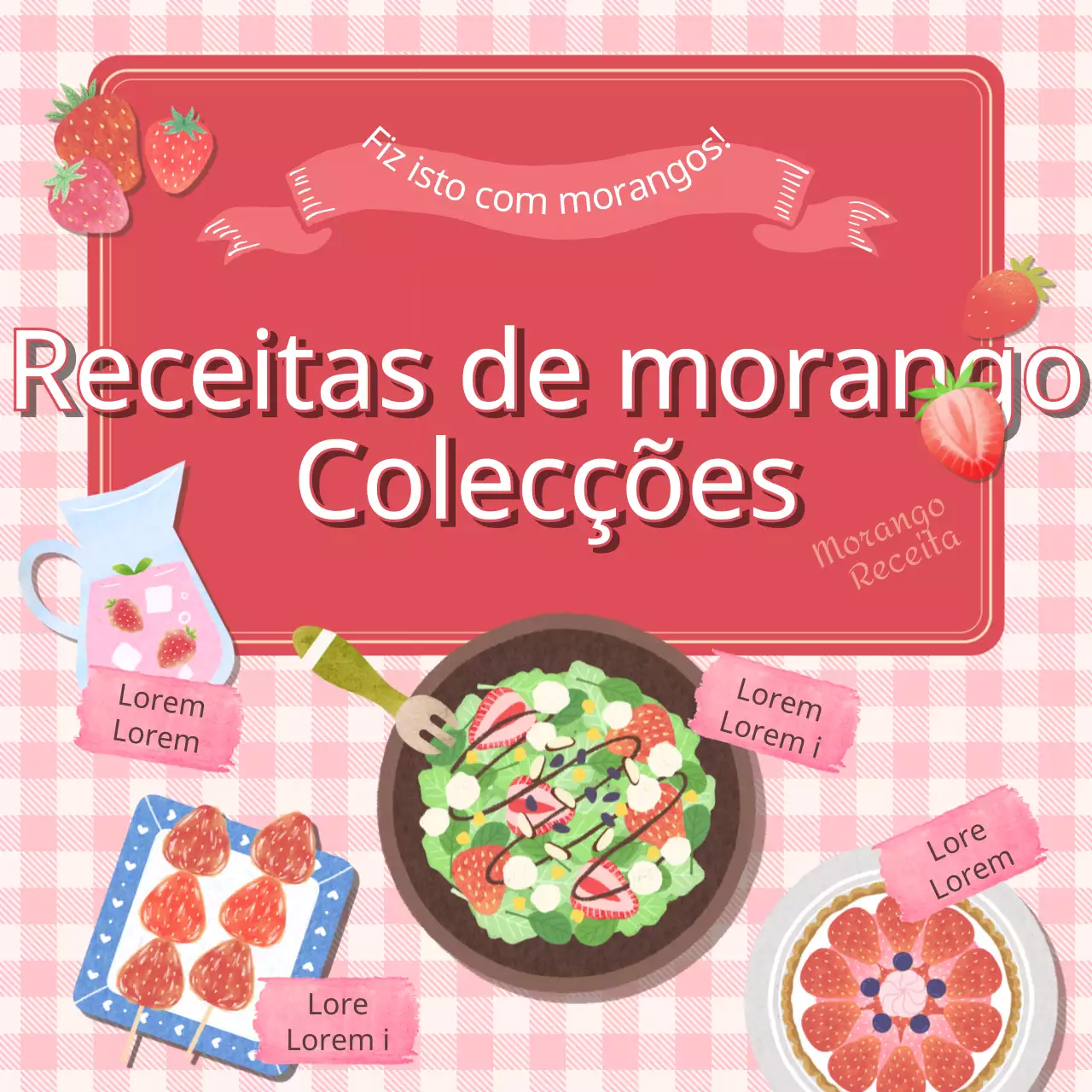Uma coleção de receitas de morangos com um tema de ilustração cor-de-rosa