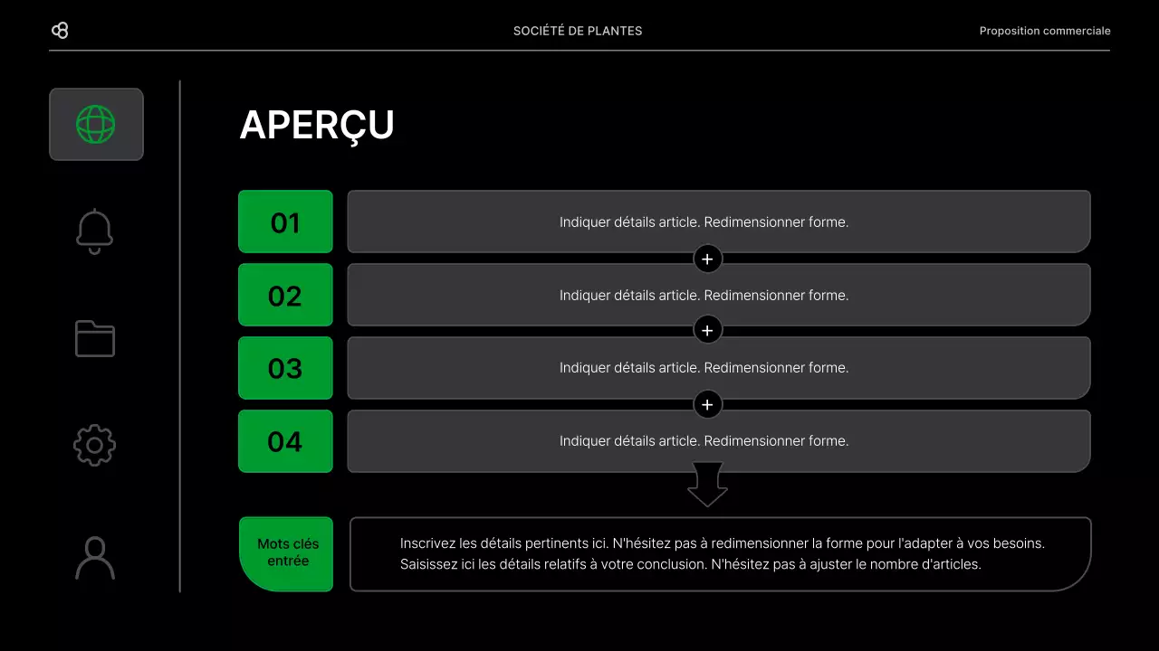 Proposition d'affaires pour une entreprise avec un concept de feuilles naturelles noires et vertes