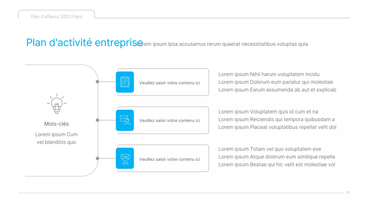 Une présentation de plan d'affaires de contenu culturel propre, en bleu et blanc