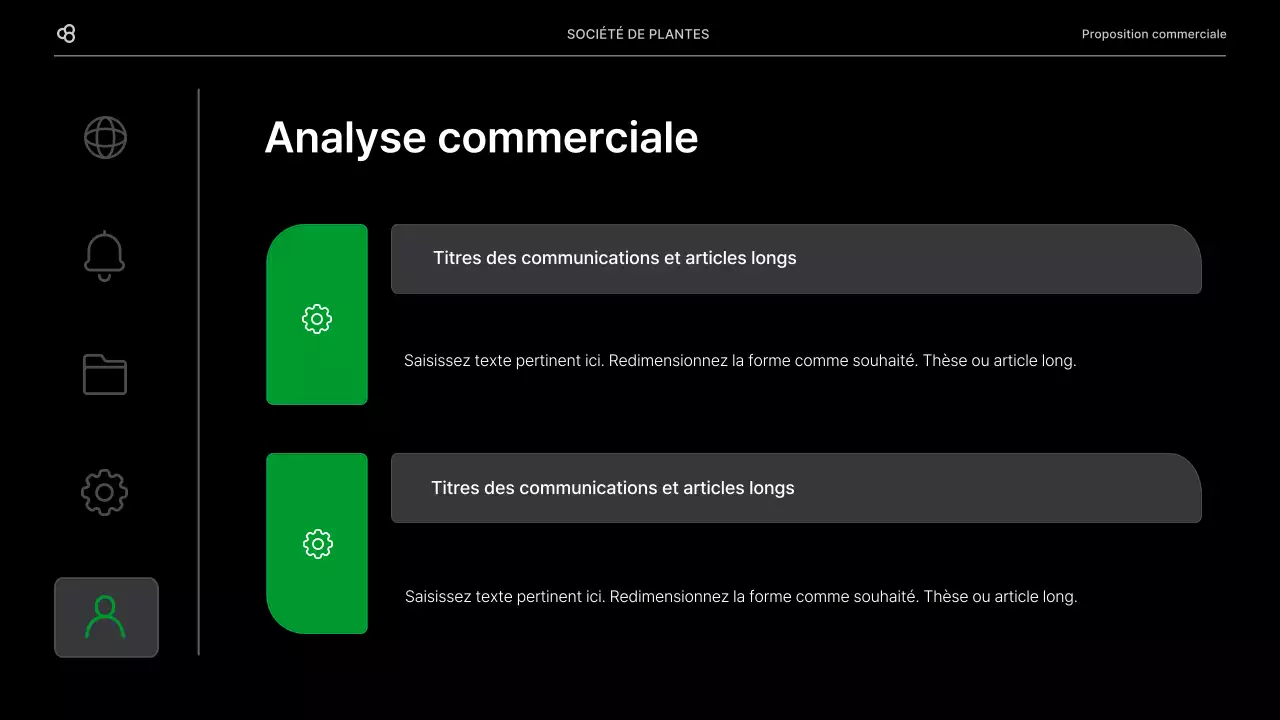 Proposition d'affaires pour une entreprise avec un concept de feuilles naturelles noires et vertes