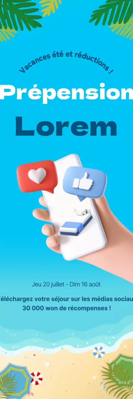 Faites la promotion de votre pension avec des likes sur les médias sociaux sur fond d'océan bleu.