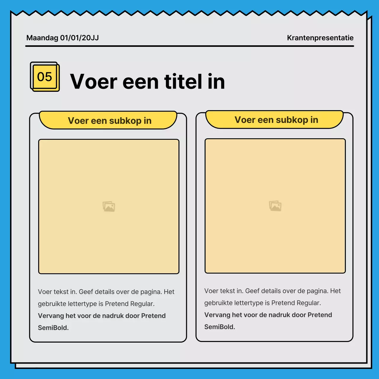 Gedurfd, opvallend kaartnieuws in een krantenconcept met gele en lichtblauwe accentkleuren