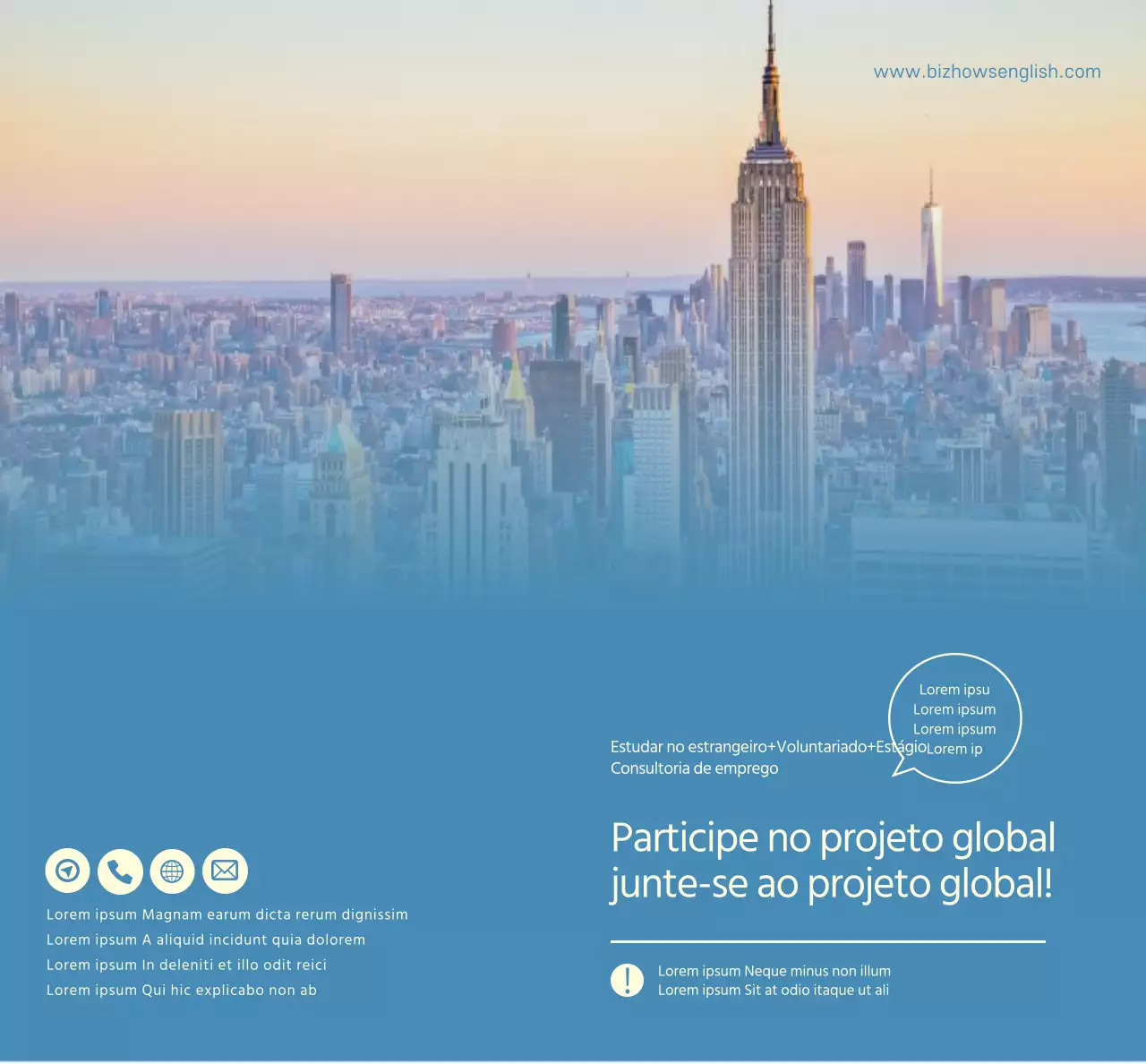 Promoção de uma escola de línguas com fotografias azuis e amarelas de paisagens estrangeiras