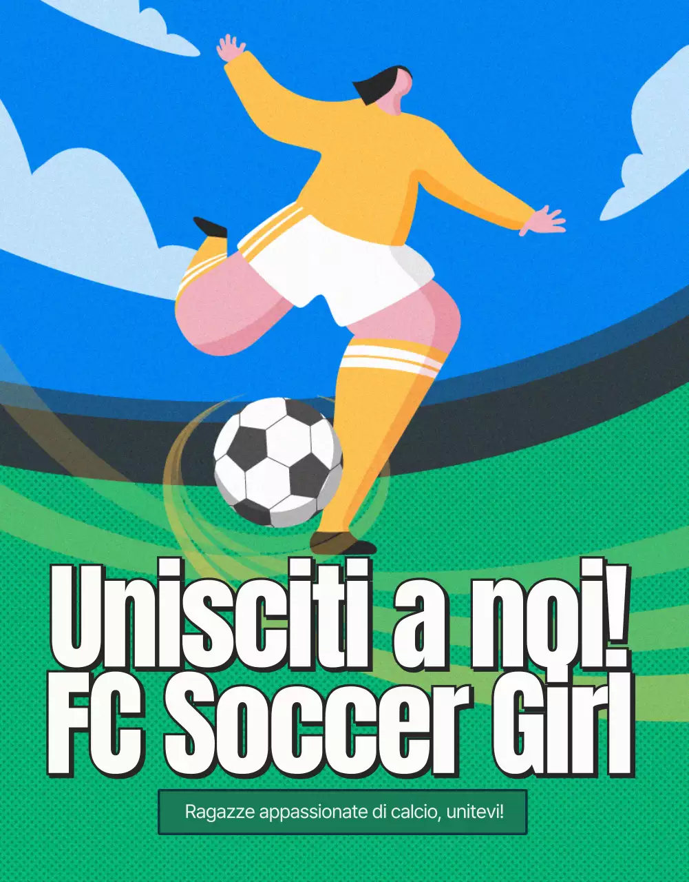 Annuncio di reclutamento per il calcio femminile in verde e giallo