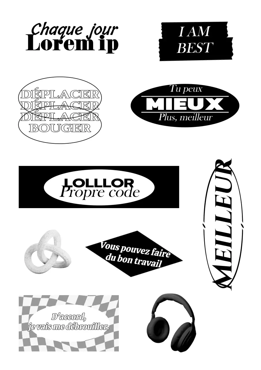 Autocollants avec texte et illustrations 3D dans les tons noirs et gris