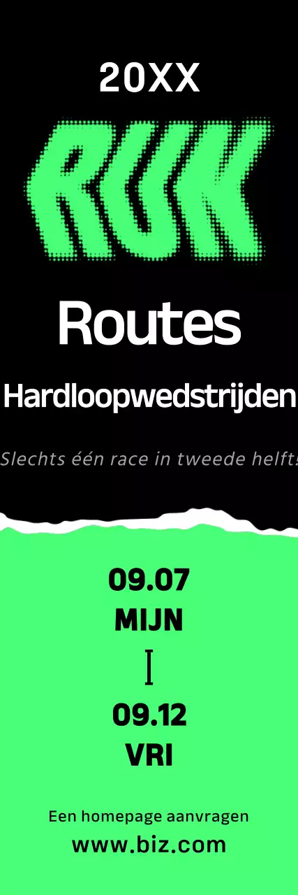 Een opvallende promotiebanner voor de marathon met felgroene, zwart-witte tekst en illustraties over de race.