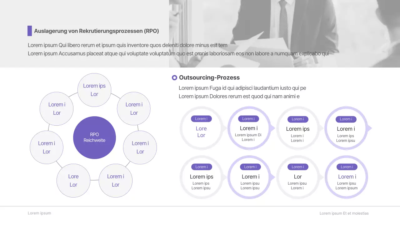 Ausgelagerte Personaldienstleistungen Vorschlag in Lila und Grau Business B2B Headhunting Personalbeschaffung Corporate Contingent Worker Dispatch