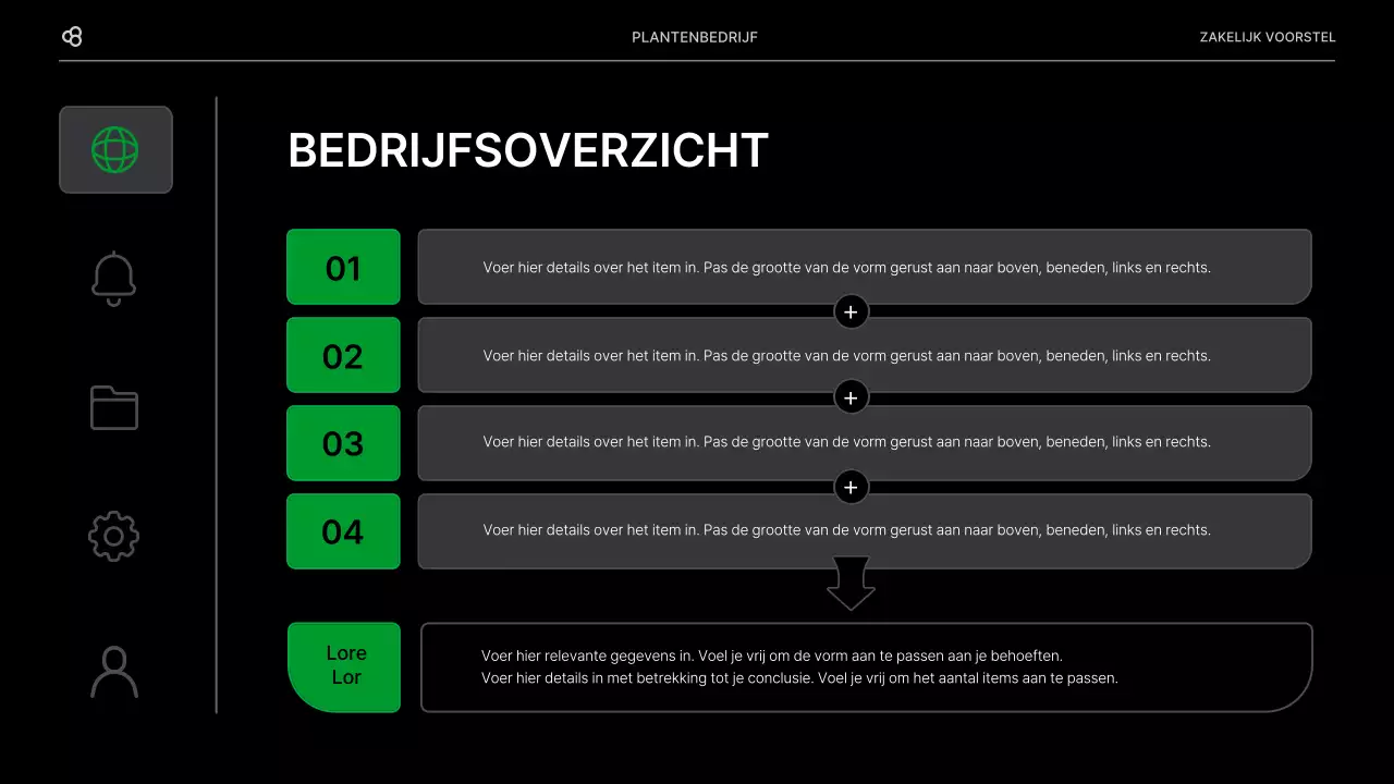 Zakelijk voorstel voor een bedrijf met een zwart en groen natuurlijk bladconcept