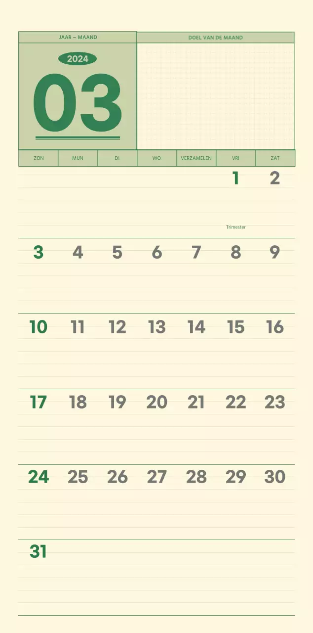 SAT D-day notitieblok concept wandkalender in groen en lichtgeel