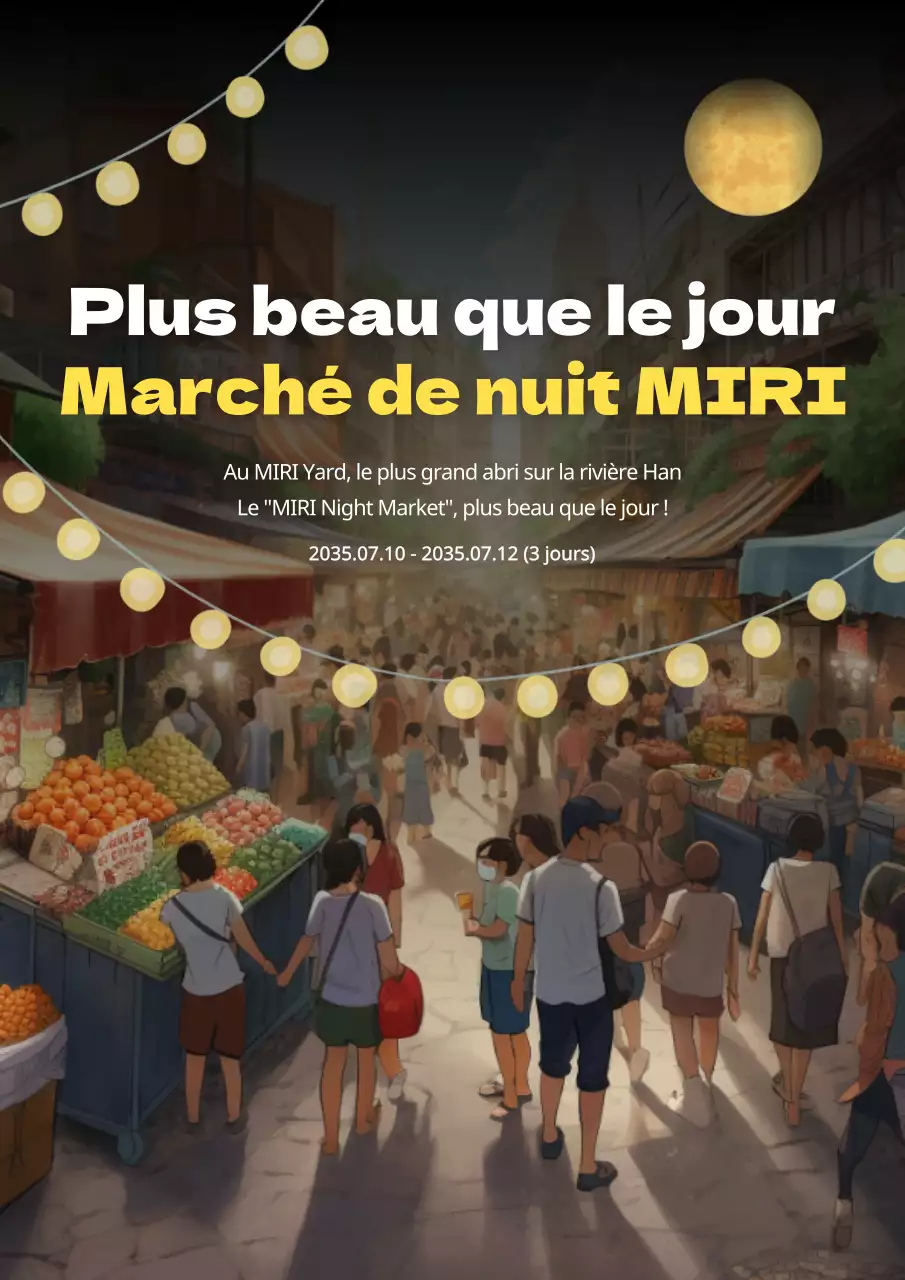 Promouvoir les marchés nocturnes qui sont plus beaux que les marchés diurnes avec des points jaunes sur fond noir