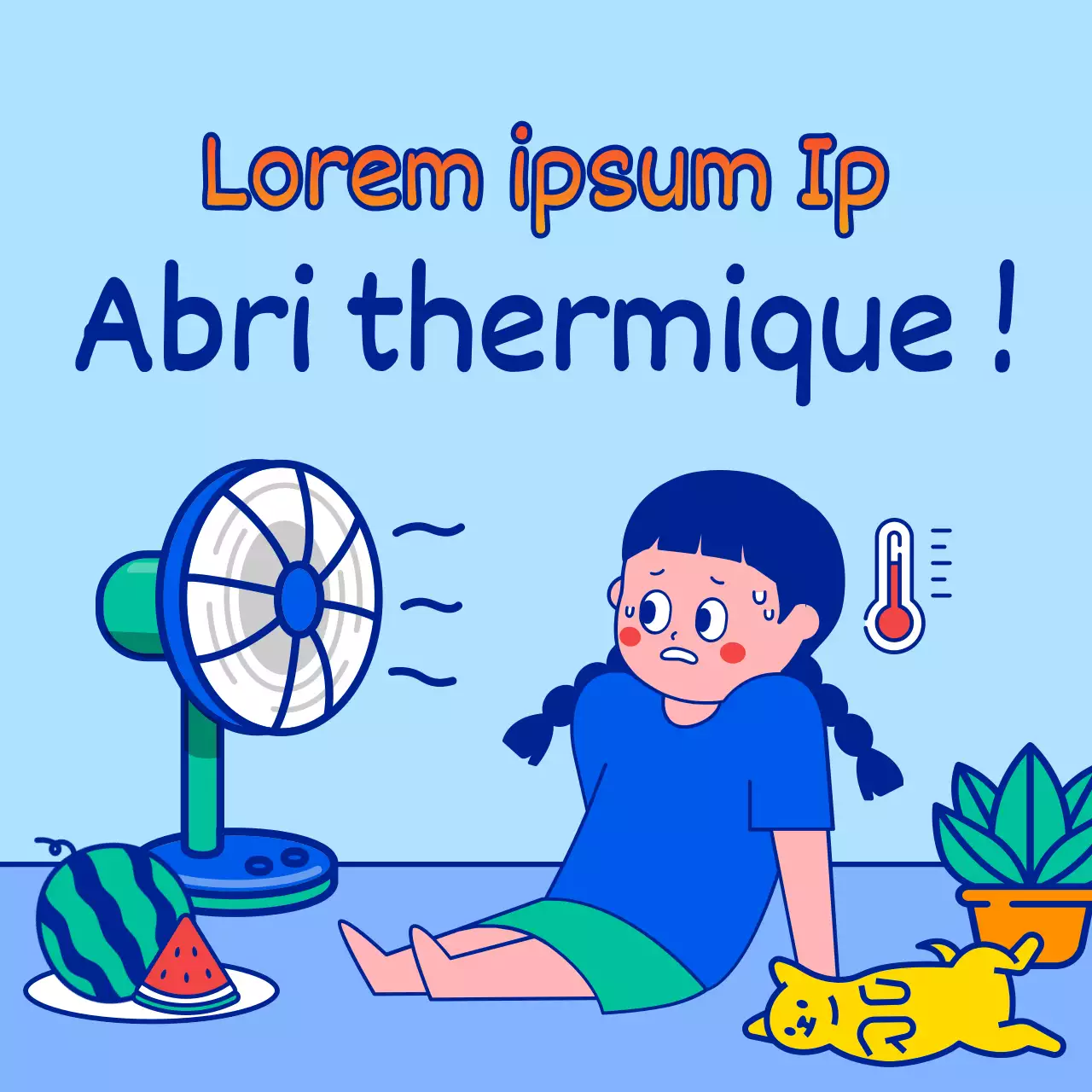 L'horaire des abris en cas de vague de chaleur estivale est illustré par des personnages simples et mignons en bleu clair et en bleu.
