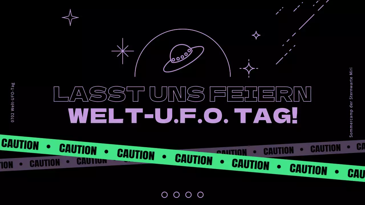 Einführung in den Welt-UFO-Tag mit lila und grünen Akzenten auf schwarzem Hintergrund