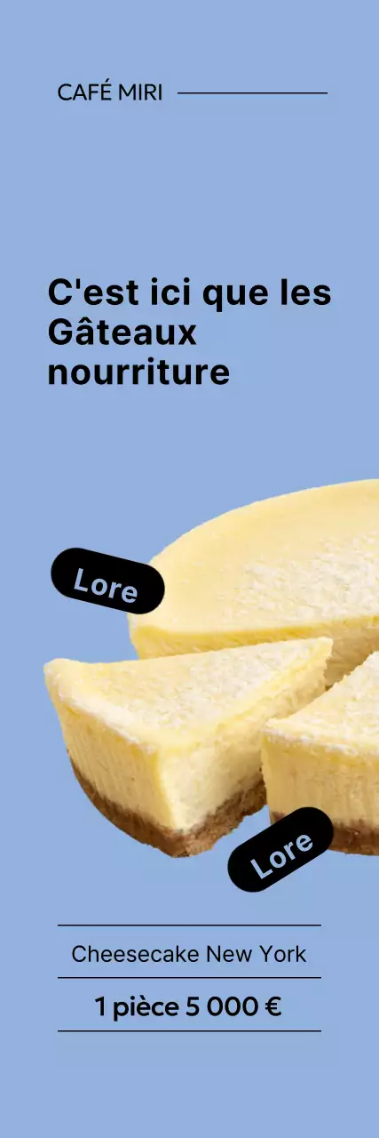 Promouvoir un menu simple de cheesecake sur fond bleu clair