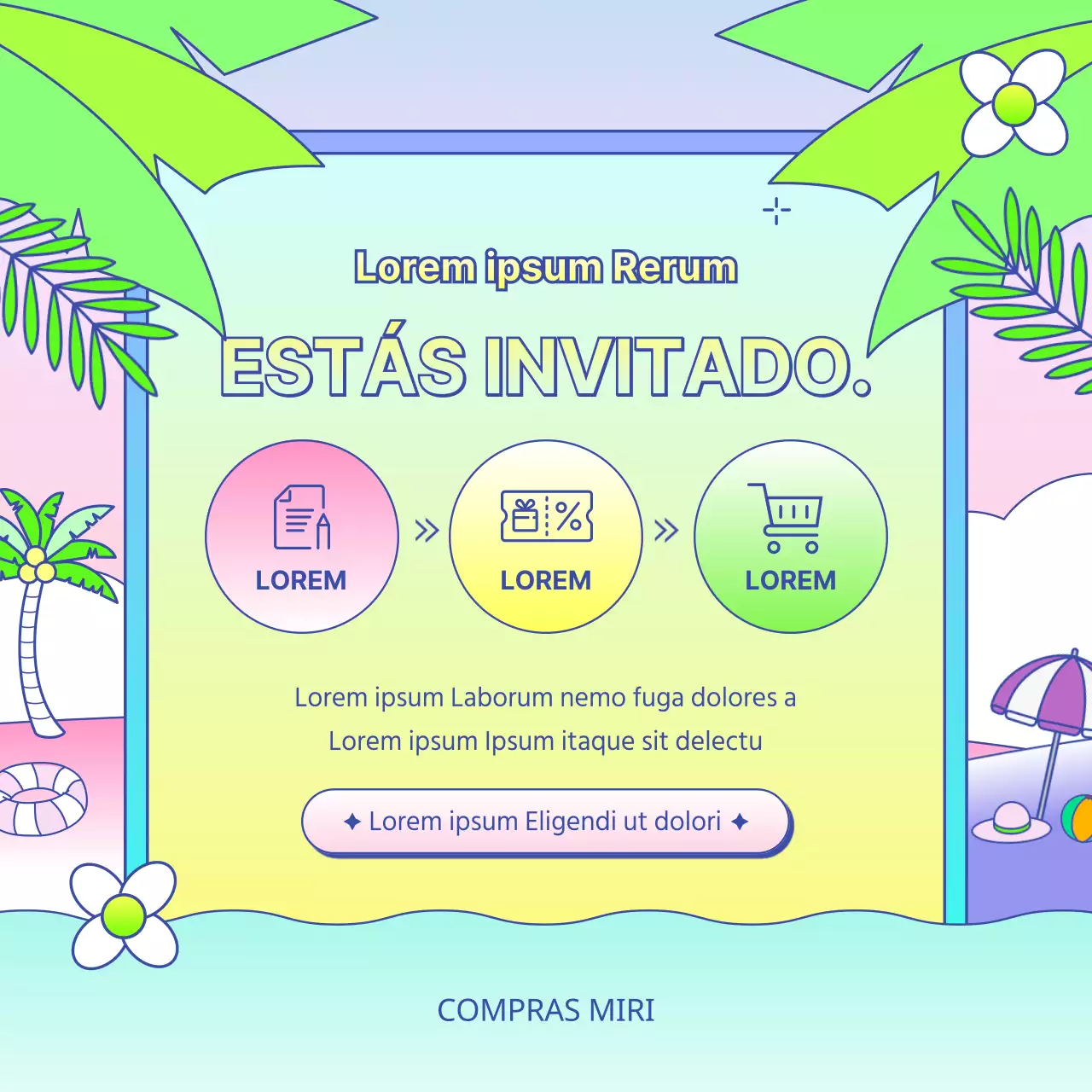 Anuncio de promoción de verano para centros comerciales en amarillo tropical y azul claro