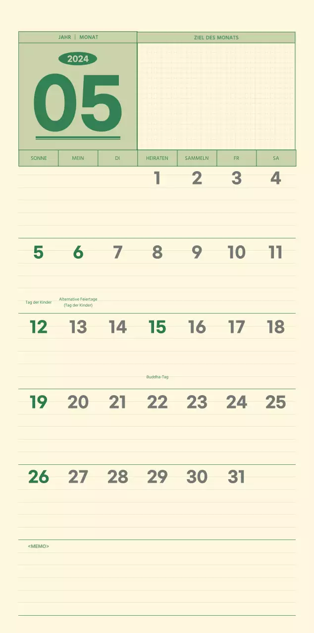 SAT D-day Notizblock Konzept Wandkalender in grün und hellgelb