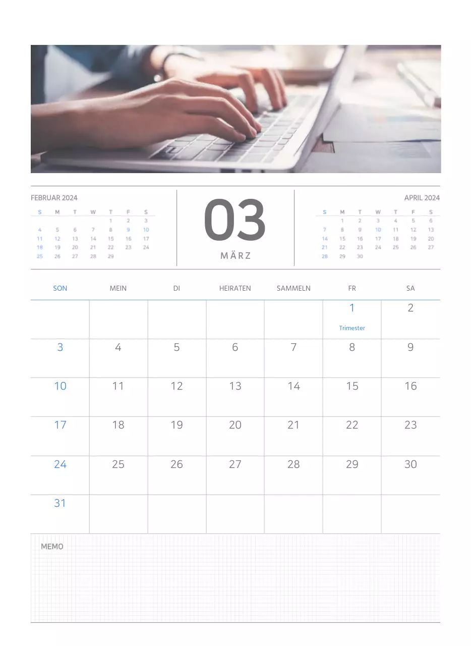 Einfaches Business-Konzept Wandkalender in blau und weiß