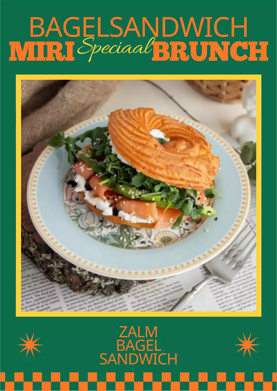 Zalm bagel sandwich café menu bij Pointul June Brunch met frisgroene achtergrond en complementair oranje kleurenschema