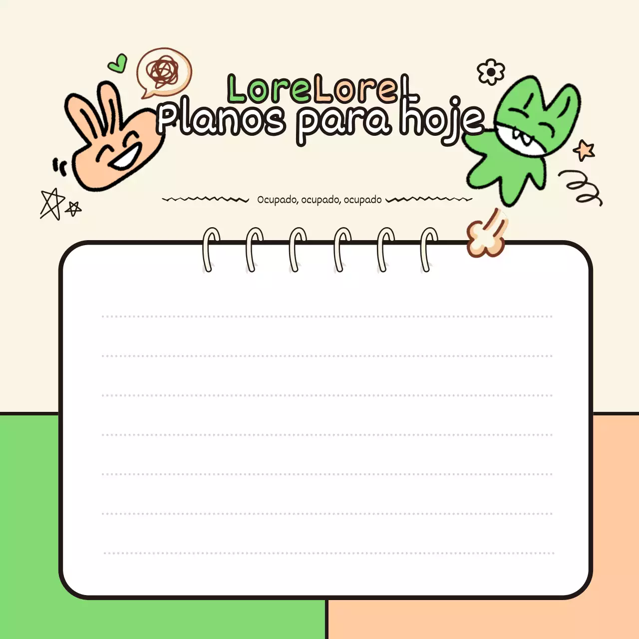 Bloco de notas com ilustrações e caligrafia inspiradas em rabiscos verdes e cor de laranja