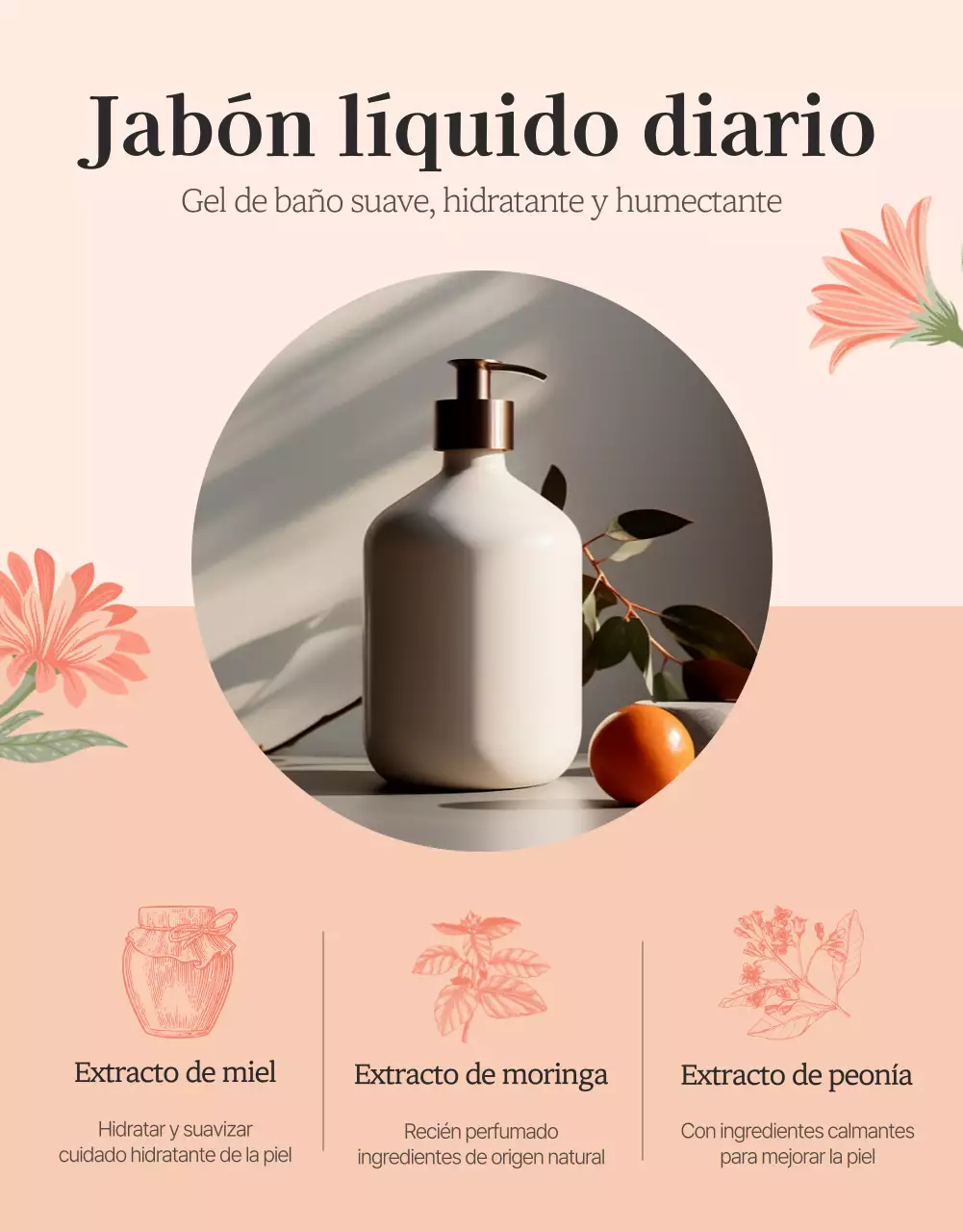 Promociona un gel de baño con una ilustración de una flor rosa