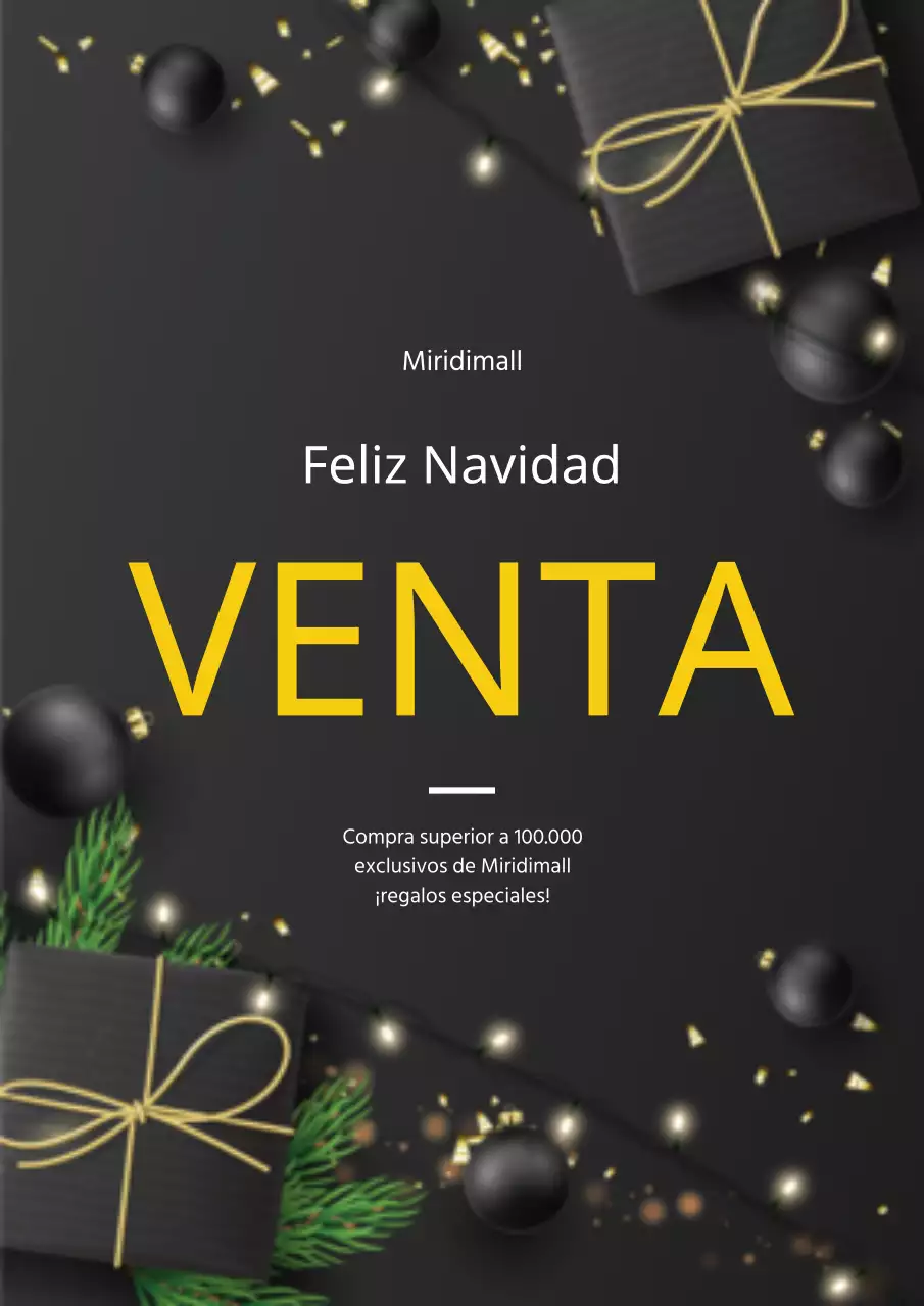 Elegante cartel promocional dorado y negro de las rebajas navideñas del centro comercial