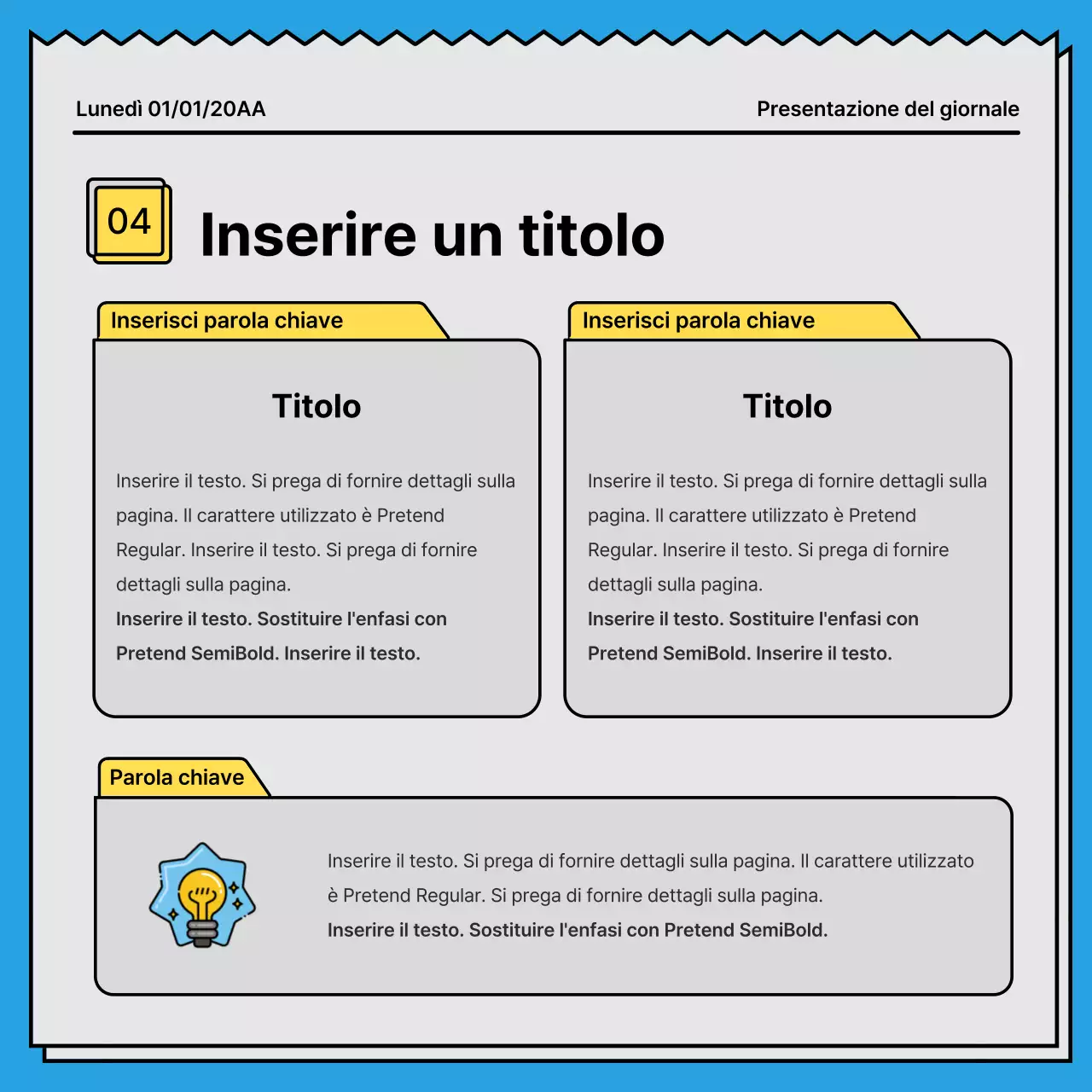 Cartolina di notizie in grassetto, che attira l'attenzione, con un concetto di giornale e colori d'accento gialli e azzurri.