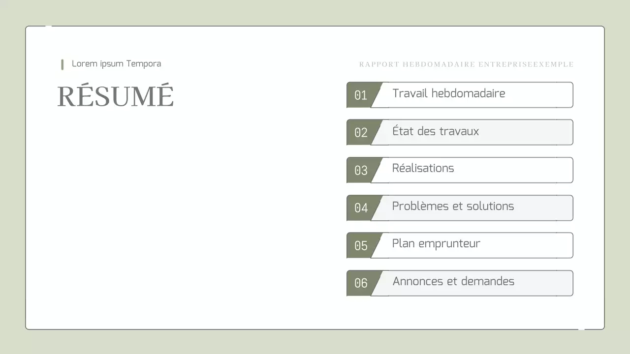 Rapport hebdomadaire simple et extensible dans les tons pastels kaki