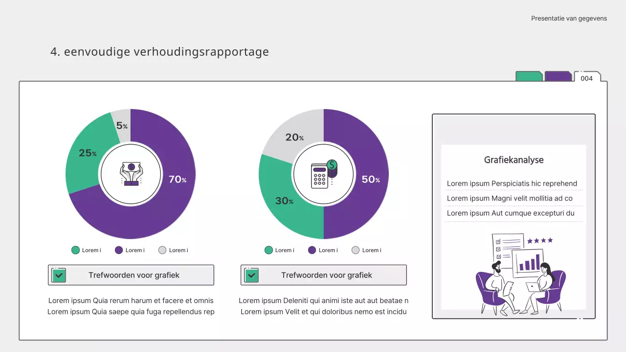 Eenvoudige groene en paarse grafieken en infografische presentatie