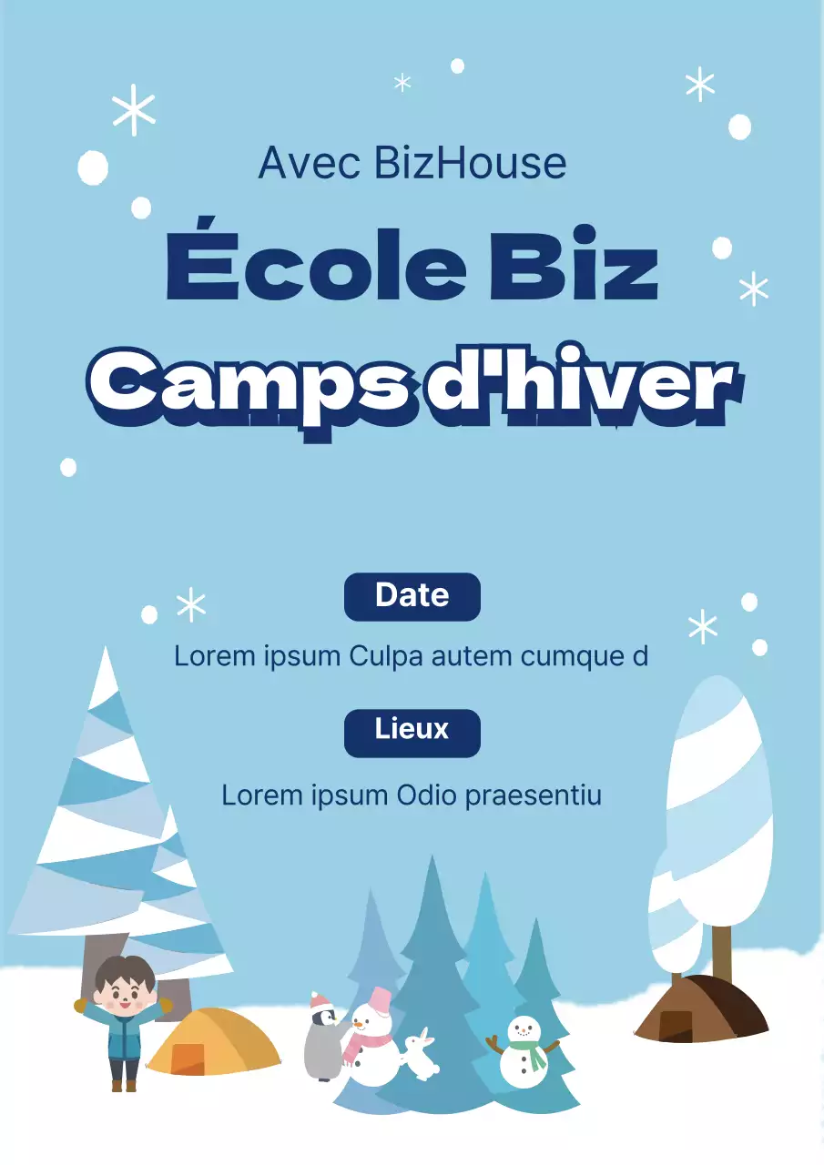 Flyer d'événement pour le camp d'hiver de l'école primaire en bleu clair.