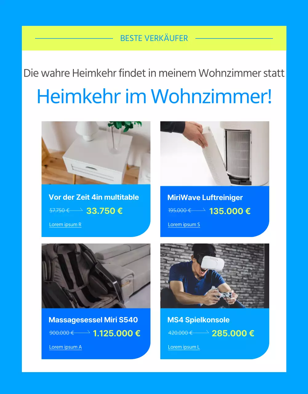 Sommergeräte im Angebot in Hellblau und Chartreuse