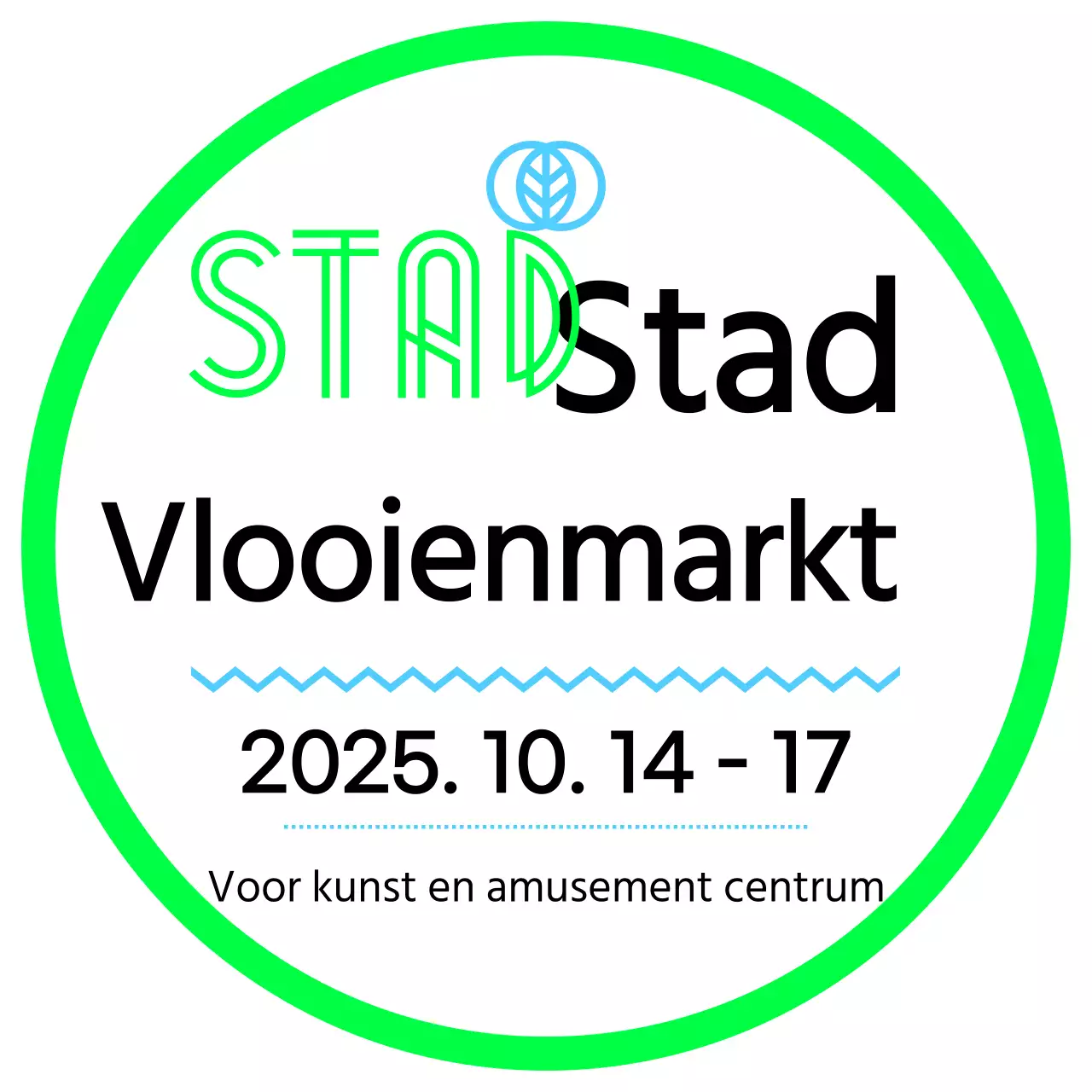 Een promotiebord met een groenzwarte vlooienmarktaankondiging en verschillende illustraties van vormen.