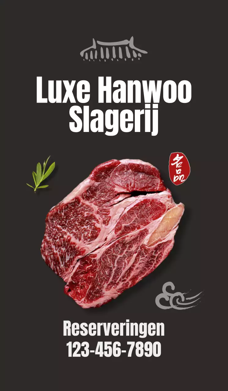 Promoot een strak, Koreaans geïnspireerd restaurant met afbeeldingen van Koreaans rundvlees op een zwarte achtergrond