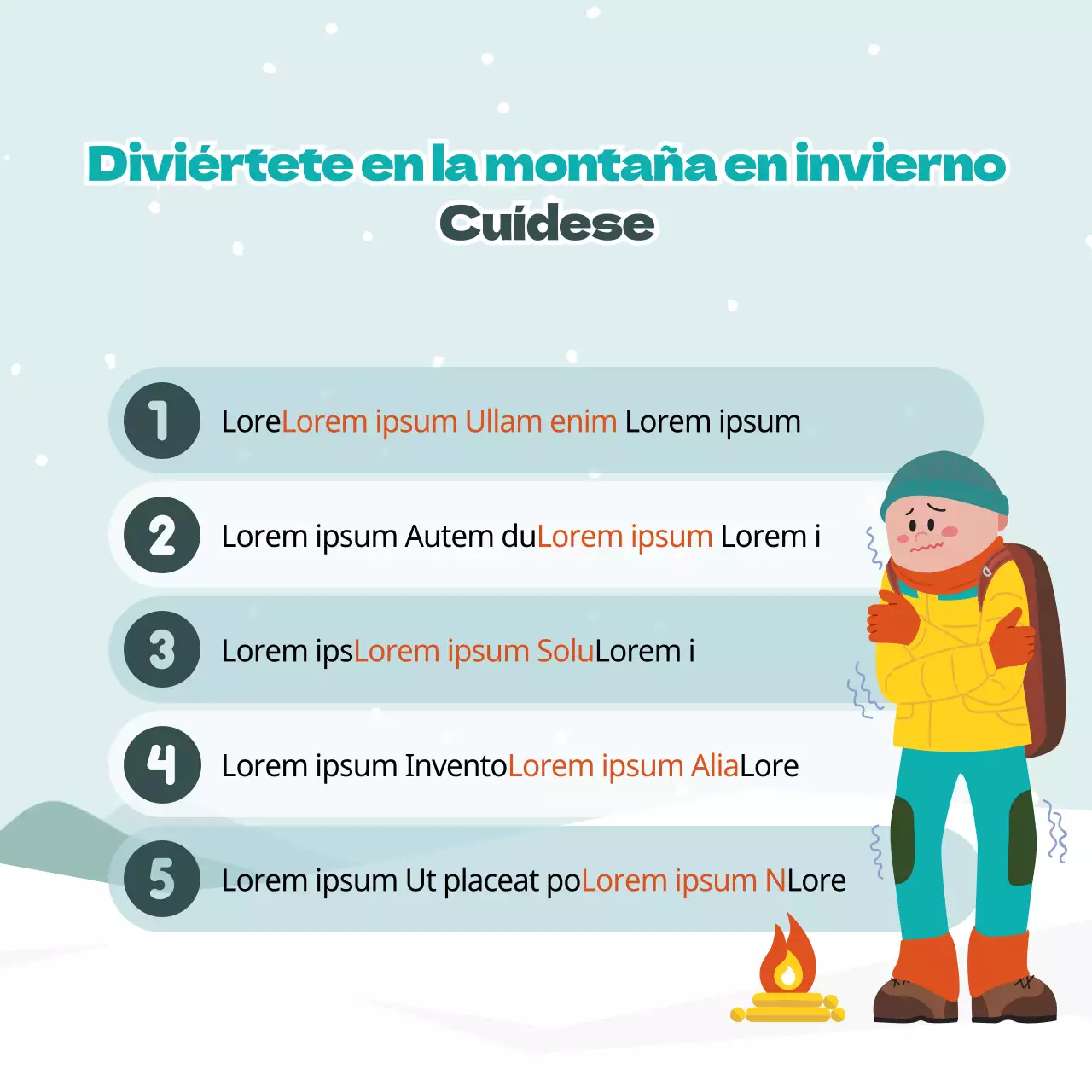 Simpáticas ilustraciones en azul claro y verde Consejos de seguridad en la montaña de invierno