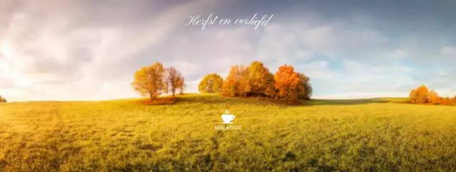 Een herfstig café met een sfeervolle achtergrond van herfstvelden, geaccentueerd met een cursief lettertype