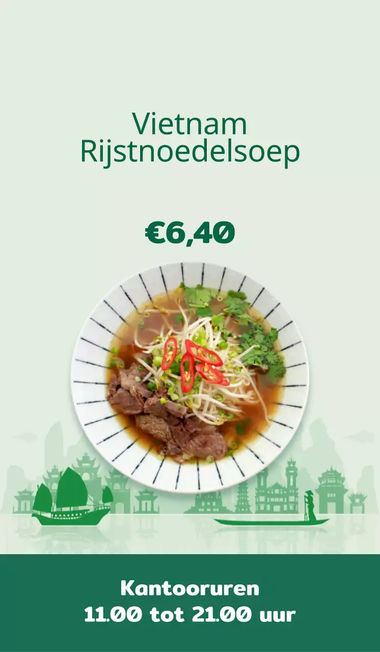 Promoot een schoon menu met een afbeelding van rijstnoedels in een groene accentkleur