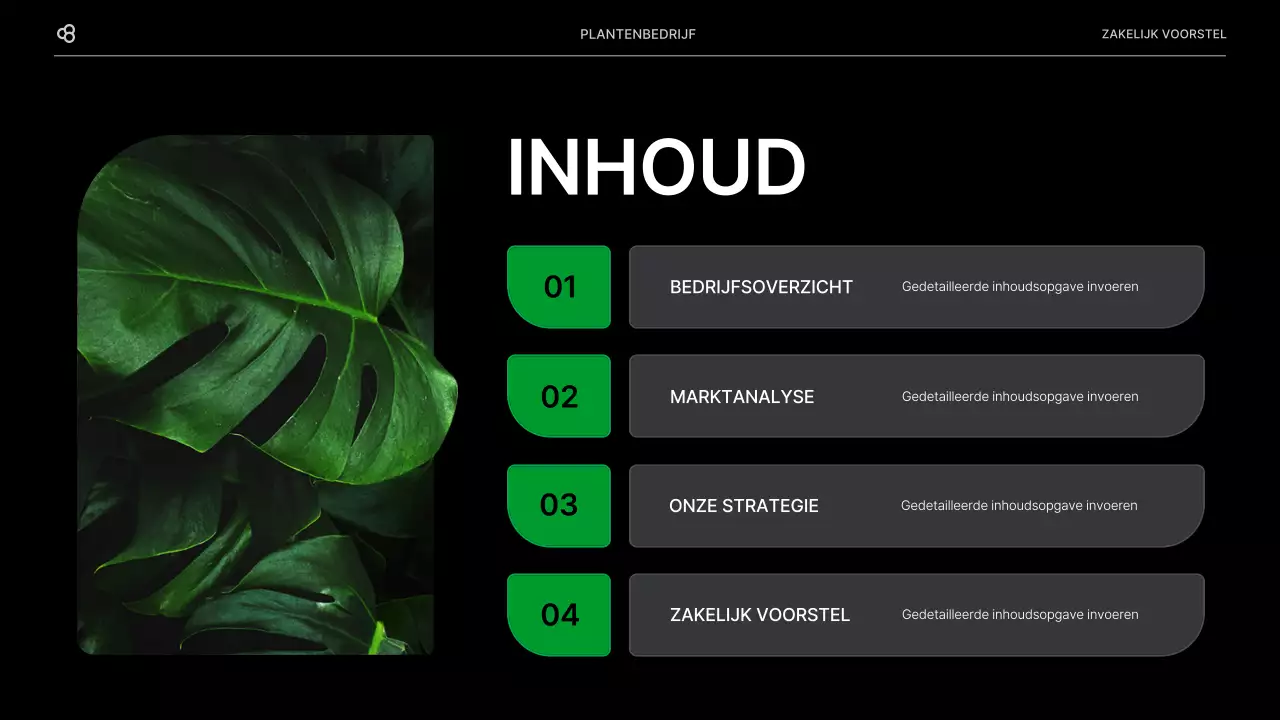 Zakelijk voorstel voor een bedrijf met een zwart en groen natuurlijk bladconcept